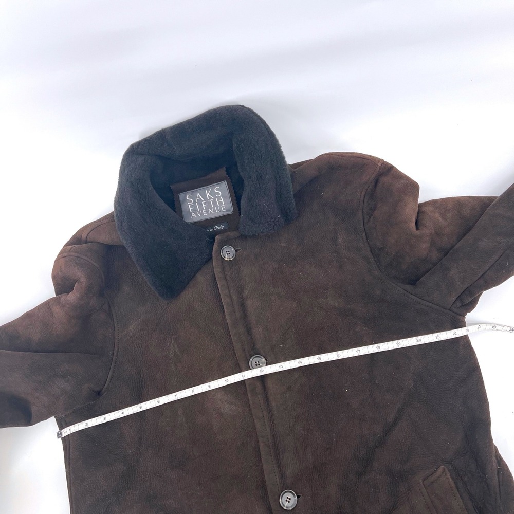 Saks Fifth Avenue Mens L Shearling Coat Brown Suede Leather Jacket Made in Italy - Picture 5 of 10
